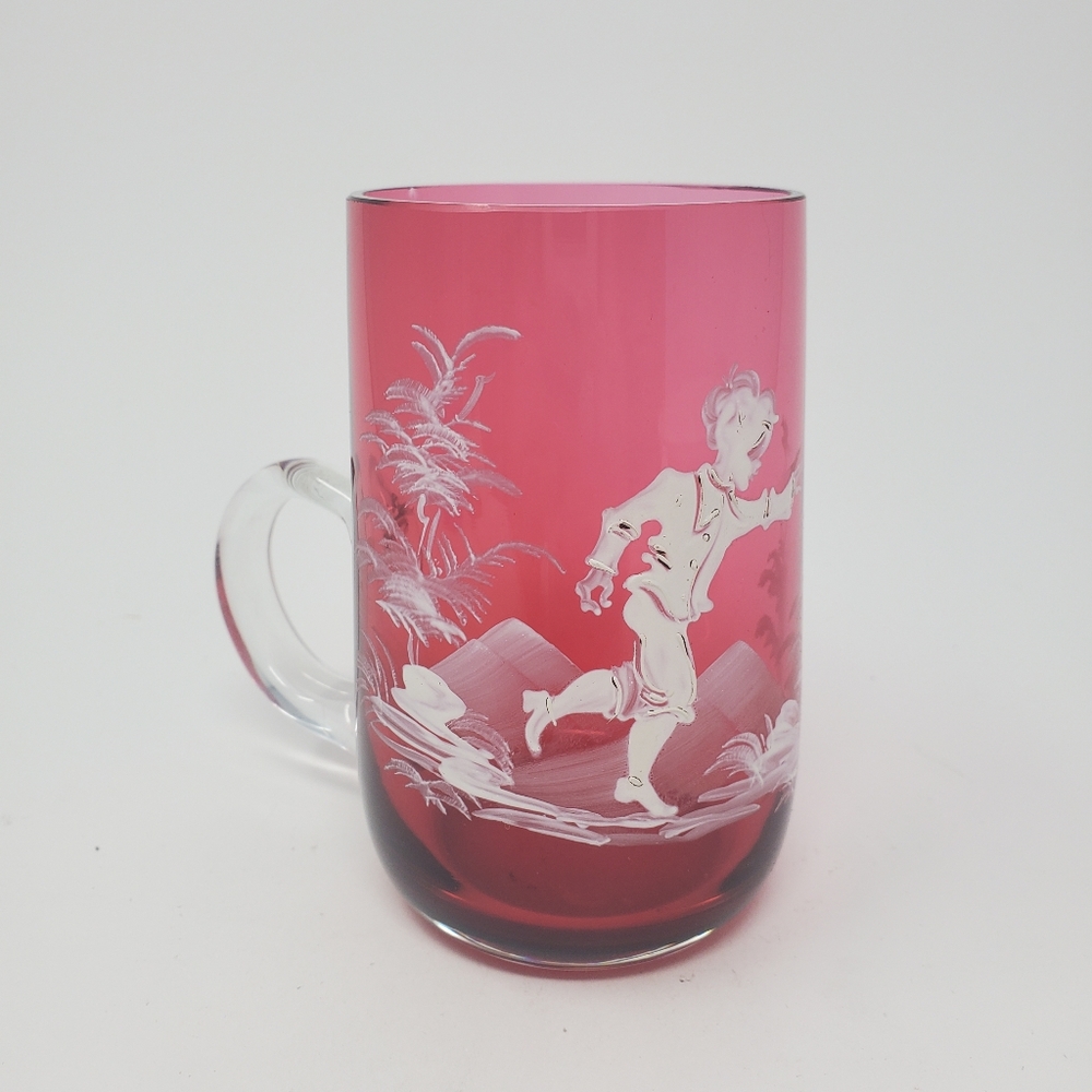 VTG Handpainted Boy Chasing Bird Mary Gregory Cranberry Mug